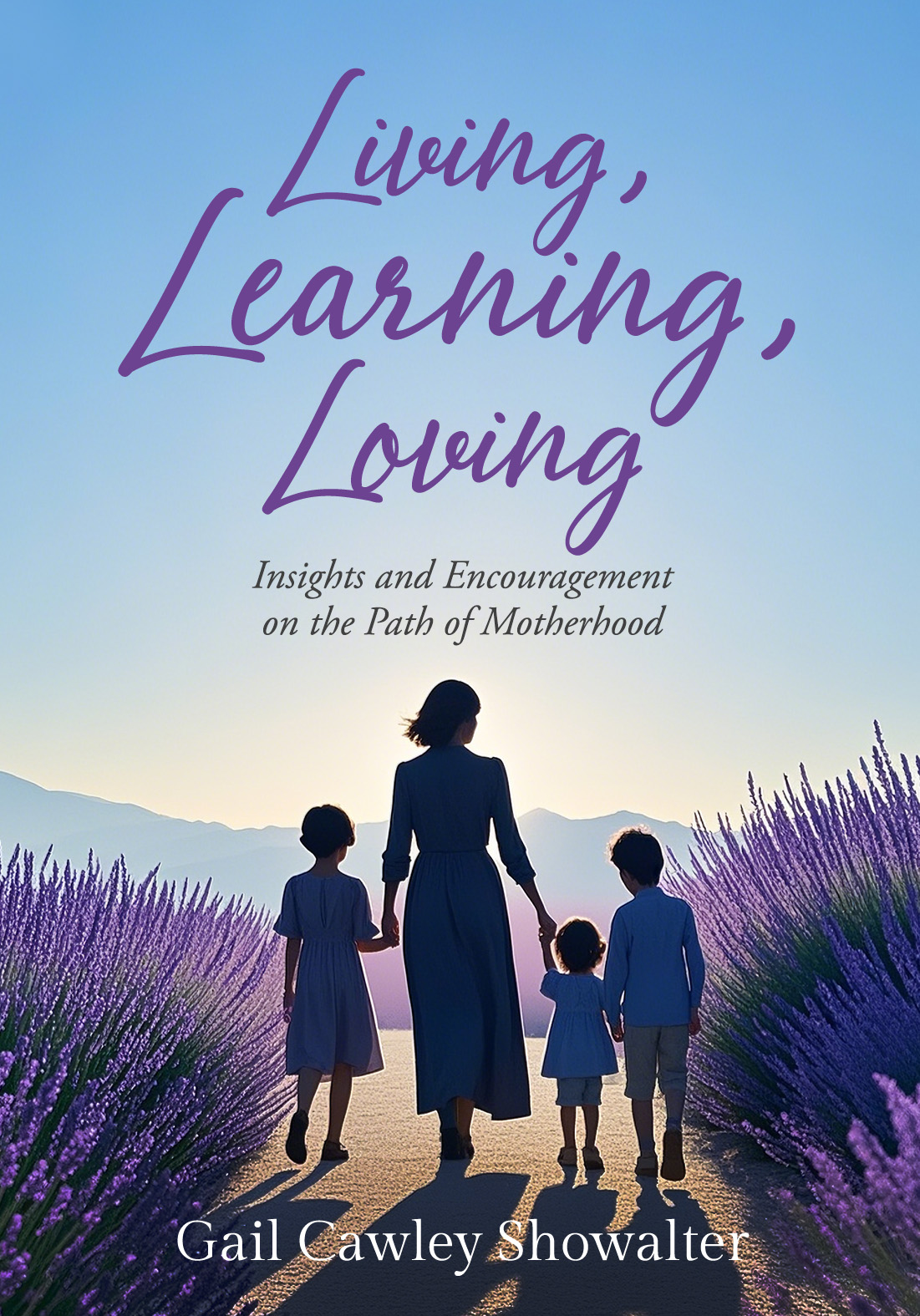 Book cover with a mom and three children waling hand in hand